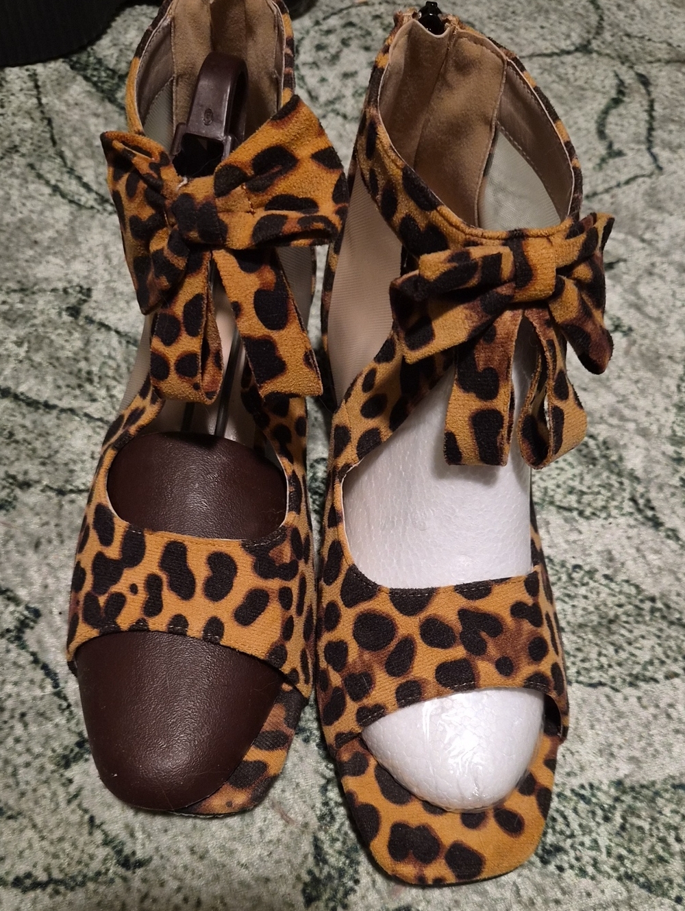 Women's Size 41 = 9.5 .Leopard Print Bow Peep-Toe Wedge Sandals - Brown/Black